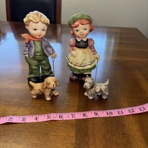 Sonsco Vintage Boy and Girl Walking Dogs Figurines Made In Japan Set of 2